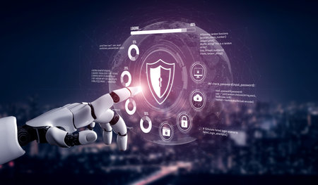 AI artificial intelligence strengthens cybersecurity with intelligent threat detection, virtual assistant alerts, and proactive protection agAI artificial intelligencenst digital breaches. Vouchの写真素材
