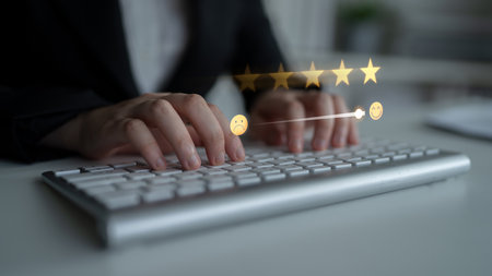 Customer satisfaction measures experience. Customer satisfaction improves service, builds loyalty, customer enhances trust, and customer satisfaction drives feedback.の写真素材