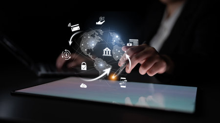 Worldwide digital payment network showing secure financial transactions. Digital payment supports transfer, digital payment ensures security, boosts convenience, drives global finance. Latchの写真素材