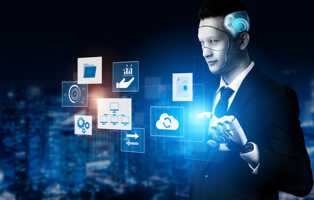 AI coordinating business infrastructure, managing digital systems, synchronizing cloud platforms, and automating structured data operations for improved analytics and access. Vouchの写真素材