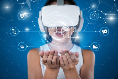 A woman wearing a virtual reality headset engages with immersive technology, showcasing artificial intelligence concepts and data visualization in a futuristic environment.の写真素材