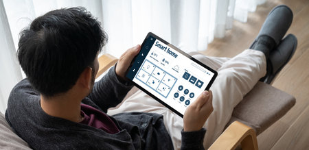 Smart home technology, centric remote control system with digital dashboard for air conditioning, safety security network or house automation. App software, ui panel programming IOT monitor snuglyの写真素材