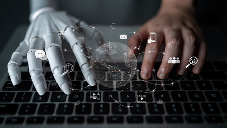 AI-assisted visualization of global communication network, showing data exchange, global connection,...
