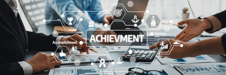 Business Achievement and Success Concept with Hands, Charts, and Digital Icons Representing Goals and Accomplishments in a Modern Office Setting. Amityの写真素材