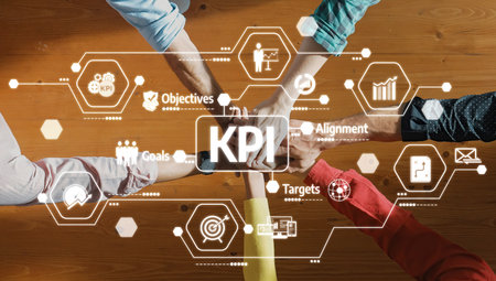 This image captures the essence of teamwork and KPI analysis, highlighting collaboration to achieve business objectives, alignment of targets, and strategic discussions for success. Amityの写真素材