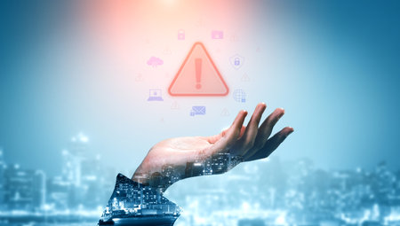Cybersecurity threat alert protects data. Cyber security threat alert prevents access, alert warns breach, defends system, and cyber security threat alert identifies risk. Vouchの写真素材
