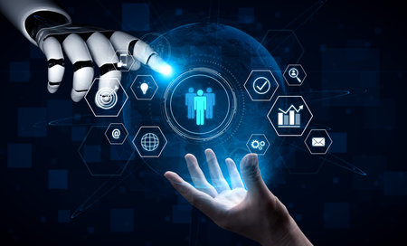 AI coordinating business teamwork, analyzing team communication, enhancing productivity, and aligning digital performance goals through structured collaboration systems. Vouchの写真素材