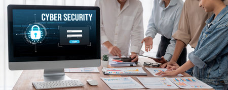 Cyber security system on computer screen protect private information brisk from hacker and cyber attackの写真素材