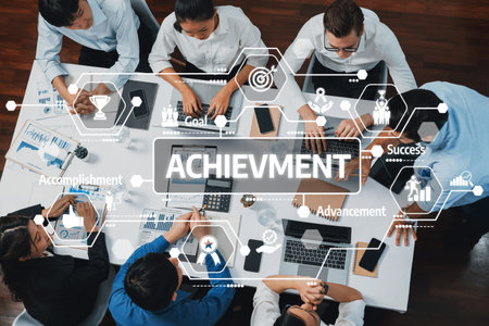 Aerial view of a diverse team collaborating in a modern office, focusing on business achievement and success while utilizing technology and communication tools. Amityの写真素材