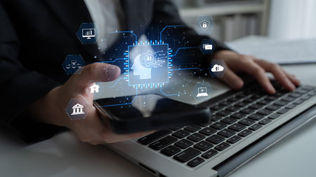 AI system integration connects AI, system, and integration across digital networks to enhance services, performance, and intelligent automationの写真素材
