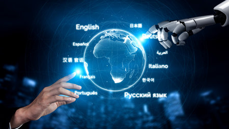 AI artificial intelligence bridges global language communication with multilingual virtual assistants, real-time languages translation, and digital tools for cultural connectivity. Vouchの写真素材