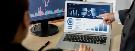 Business data dashboard provide business intelligence analytic for marketing strategy planning brisk with big data set to analyze customer demands and foreseeing business futureの写真素材