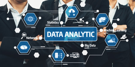 A corporate scene featuring professionals engaged in data analytics with technology icons. The image highlights teamwork, modern analytics tools, and strategic decision-making processes. Amityの写真素材