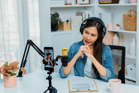 Host channel Asian influencer talking in broadcast wearing headsets on social media live on smartphone recording online, greeting listeners with coaching life or business at modern studio. Stratagem.の写真素材