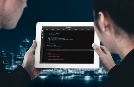 Software development programming on computer screen for modish application and program coding