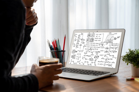 Mathematic equations and modish formula on computer screen showing concept of science and educationの写真素材