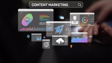 Content marketing interface with data dashboards, analytics charts, and content tools. Marketing success comes from content performance, content planning, and marketing optimization. Muxerの写真素材