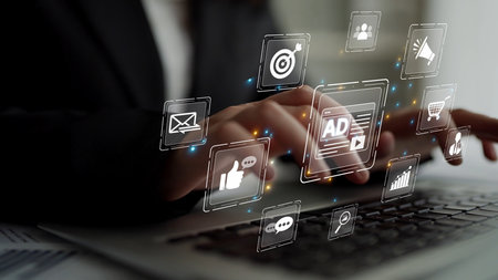 Online ads and digital marketing help brands grow. Content marketing builds engagement. Marketing tools boost ROI. Effective ads and marketing drive online business success.の写真素材