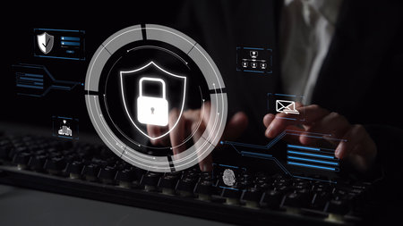 Cyber security protection and cyber security strategies against cyber threats, system hacks, digital breaches, network attacks, and safeguarding data with strong cyber security infrastructure. Muxerの写真素材