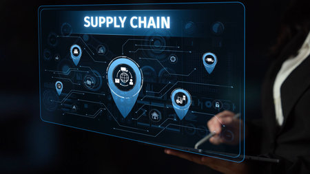Supply chain processes with data-driven logistics, transportation, and distribution. enhances operations. Supply chain improves efficiency. Supply chain integrates logistics and delivery. Muxerの写真素材