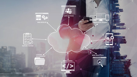 Cloud computing, cloud strategy, and cloud technology transforming digital infrastructure with scalable services, secure data storage, and cloud-based digital business solutions. Muxerの写真素材