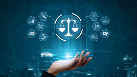 Futuristic digital law interface displaying justice scale, highlighting digital law, AI compliance, digital law systems, and digital law regulations for secure governance. Muxerの写真素材