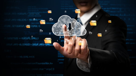 Business person discover the future of cloud computing with latest insights and elevate business by integrating cloud computing technology. Embrace the cloud era with innovative computing EIDEの写真素材