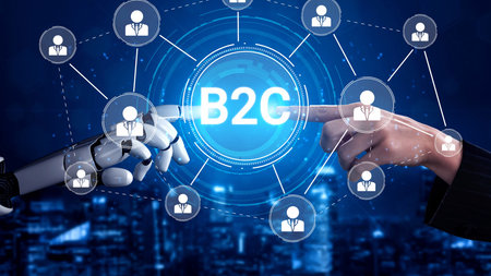 B2C strategy focus on delivery products directly to consumers. Successful B2C model enhance consumer engagement, streamline B2C logistics, and boost consumer satisfaction through digital retail. Muxerの写真素材