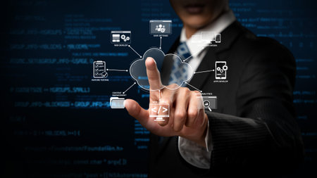 A business professional engaging with a digital cloud computing interface, showcasing services for web development and programming in a modern technology setting.の写真素材