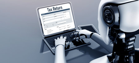 Online tax return form for submitting individual income tax return form snugly on the internet website. Government web for tax payment and return. Taxation technology concept. 3D illustrationの写真素材