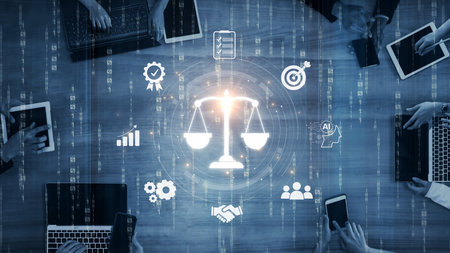 Futuristic digital law interface displaying justice scale, highlighting digital law, AI compliance, digital law systems, and digital law regulations for secure governance. Muxerの写真素材