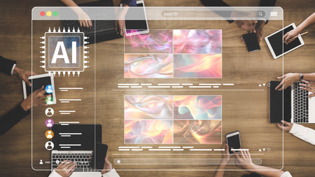 AI platform generating art images with dynamic interface. AI-generated content appears in image gallery artificial intelligence view. Genrative AI loading multiple image from AI design engine. Muxerの写真素材