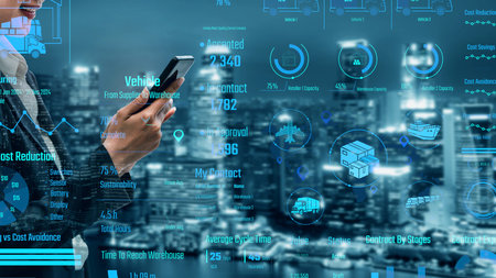 Supply chain management interface showing delivery routes, warehouse efficiency, cost savings, vehicle tracking, procurement ROI, and contract stages. Futuristic supply chain monitoring system. Thunkの写真素材