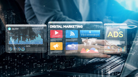 Online ads and digital marketing help brands grow. Content marketing builds engagement. Marketing tools boost ROI. Effective ads and marketing drive online business success. Muxerの写真素材
