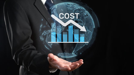 This image captures a business professional presenting a cost reduction strategy, highlighted by a graph and global elements that signify financial growth and savings.の写真素材