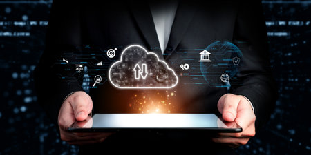 Business person discover the future of cloud computing with latest insights and elevate business by integrating cloud computing technology. Embrace the cloud era with innovative computing Faasの写真素材