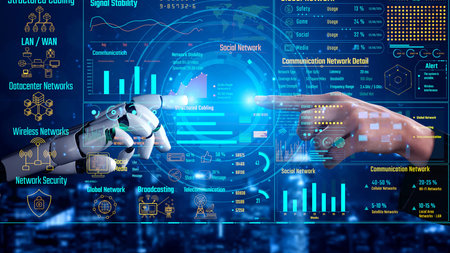 AI monitors data center performance via virtual assistant dashboards, connection insights, and artificial intelligence to improve telecom transparency and efficiency. Thunkの写真素材