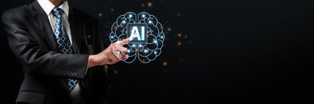 A business professional showcases an advanced artificial intelligence concept, featuring an AI symbol and abstract brain design, representing modern innovations in technology.の写真素材