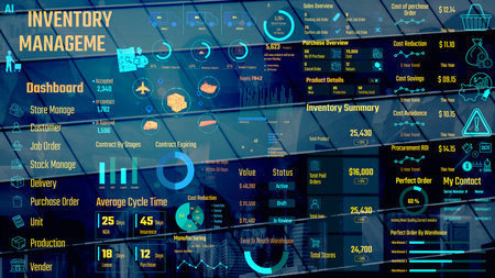 Inventory management dashboard showing supply chain performance, stock levels, order cycle times, cost reduction, and procurement ROI. Inventory tracking, and streamline warehouse efficiency. Thunkの写真素材