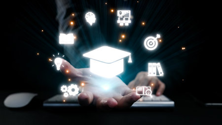 An imaginative representation of digital education featuring a graduation cap with icons that signify knowledge, learning, and professional growth in a tech-driven world.の写真素材
