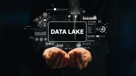 Modern Data Lake Concept with Hands Holding Digital Graphics Representing Big Data and Analytics Technology. Asymptotic smart data analytic.の写真素材