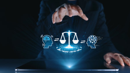 AI is transforming society, raising important ethics questions. Ethics in AI design ensures fairness. AI ethics promote responsible decisions. Balancing AI power with strong ethics is essential. Elideの写真素材