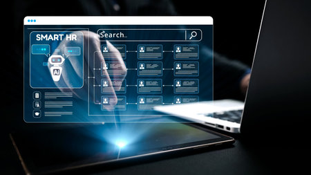 A hand interacts with an advanced AI-powered human resource management interface on a tablet, showcasing a modern digital workspace focused on employee efficiency.の写真素材