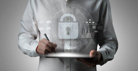 Cybersecurity protection system showing password encryption, fingerprint ID, cloud security, email, credit card, and database lock for secure data access Vouchの写真素材