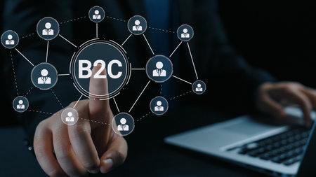 B2C strategy focus on delivery products directly to consumers. Successful B2C model enhance consumer engagement, streamline B2C logistics, and boost consumer satisfaction through digital retail. Elideの写真素材