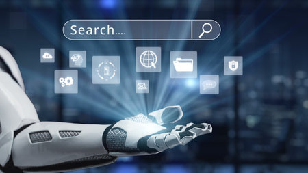A futuristic robot hand displays a digital search interface with various tech-related icons, symbolizing innovation and communication in a high-tech urban setting.の写真素材