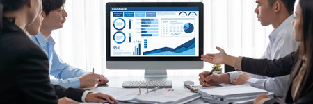 Business intelligence and data analysis concept. Analyst team working on financial data analysis dashboard on laptop screen as marketing indication for effective business strategic planning. Insightの写真素材
