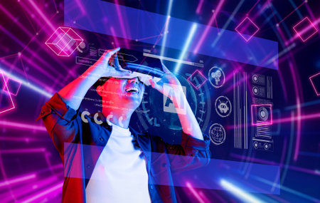 A joyful individual enthusiastically interacts with virtual reality technology while surrounded by vibrant digital elements, showcasing advancements in artificial intelligence.の写真素材