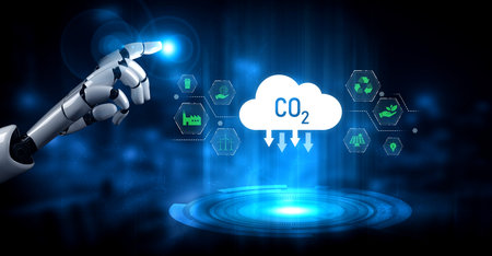 AI helps manage carbon footprint by analyzing emission data, optimizing renewable energy use, and automating sustainable practices to reduce the overall carbon footprint. Vouchの写真素材