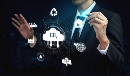 Net zero and CO2 reduction strategies promote sustainability, renewable energy, and climate-responsible business practices for a greener future. Vouchの写真素材